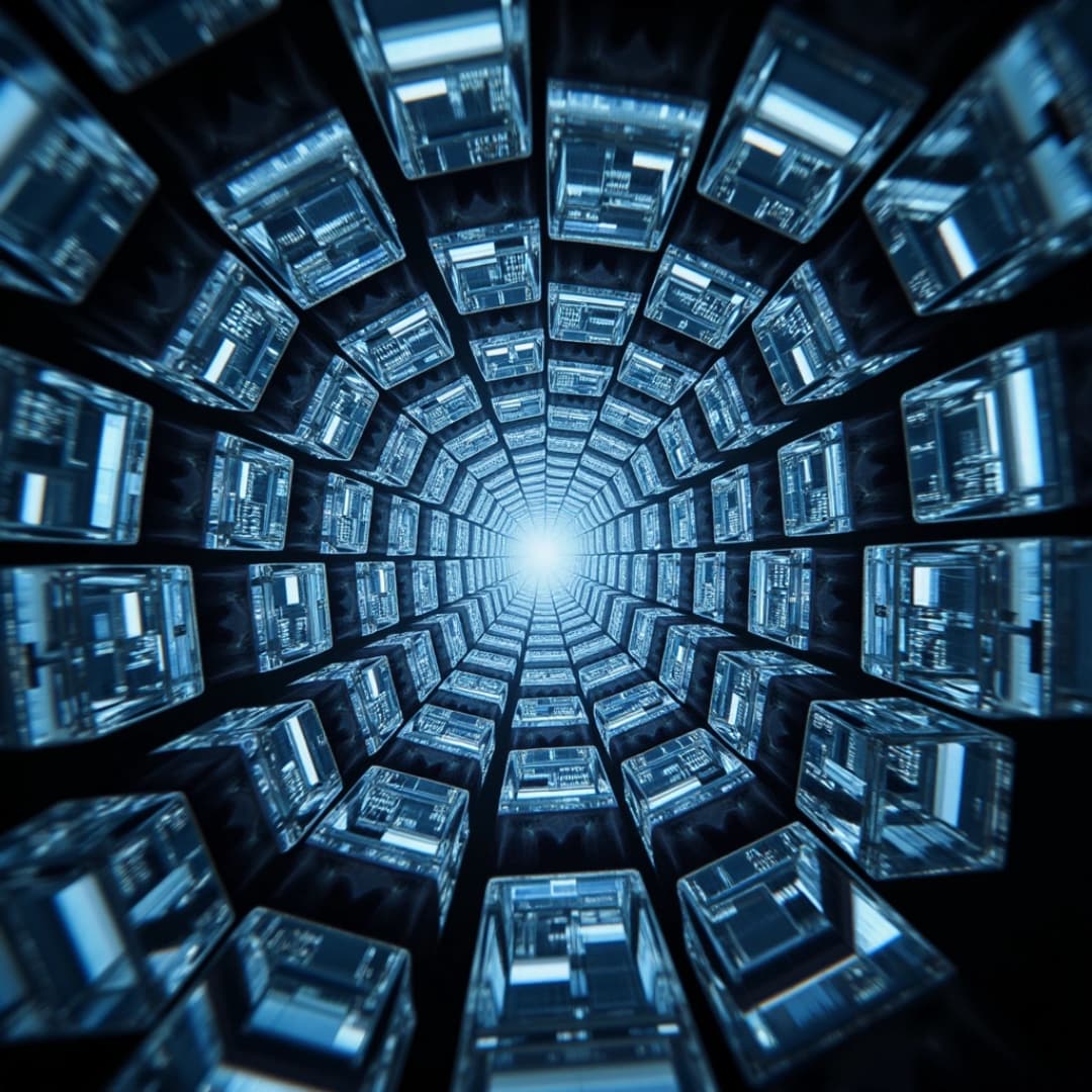 ein tunnel, der nicht zu enden scheint, der tunnel besteht aus vielen bläulichen Kästen