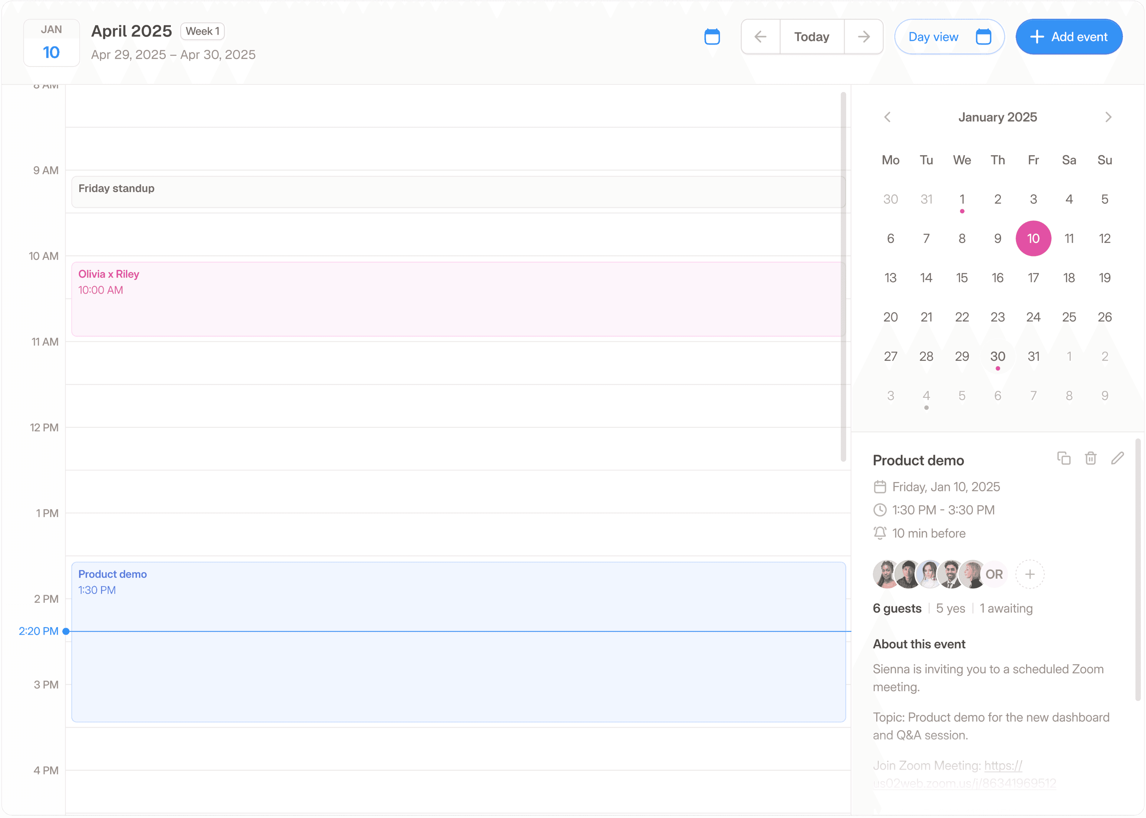 A day view of a digital calendar for April 10, 2025, showing a meeting with "Olivia & Riley" at 10:00 AM and a "Product demo" at 1:30 PM. A sidebar on the right displays a monthly calendar and detailed event information, including guest list, sync status, and time. Emphasizes streamlined team collaboration with minimal distractions.