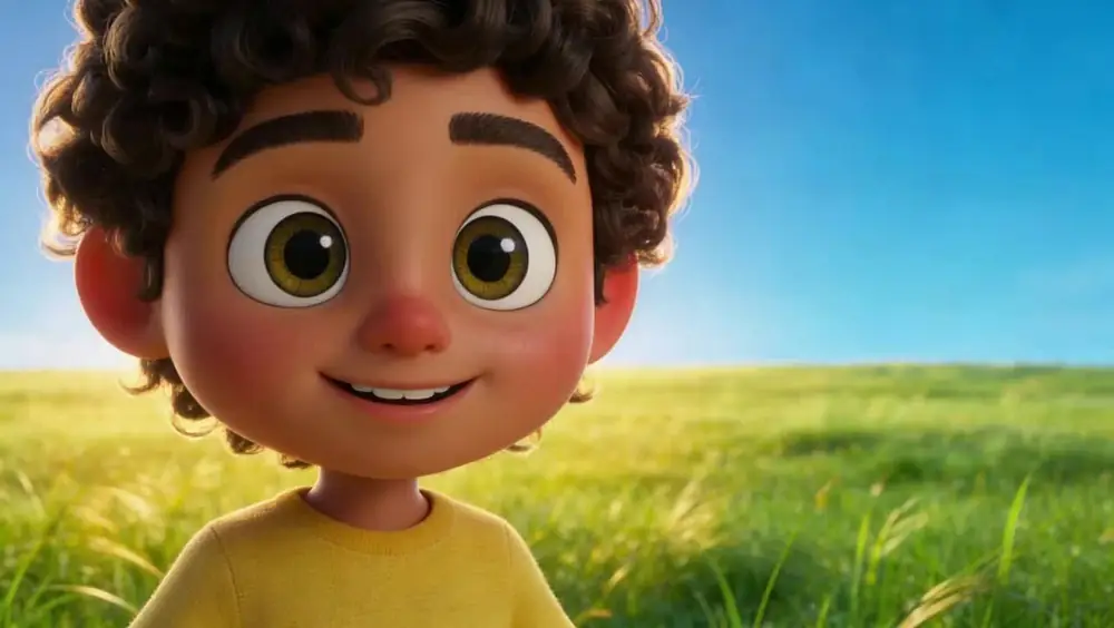 Scene 21: close up of the boy smiling at the camera in a meadow