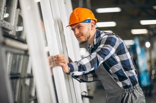 Trabajador con casco en fábrica de ventanas