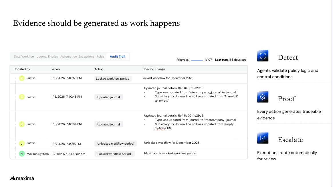Audit trail interface showing evidence-first agentic accounting workflow with transaction history and controls across three stages: Detect (validate accounting logic and control conditions), Proof (generate traceable evidence for every action), and Escalate (route exceptions for human review).