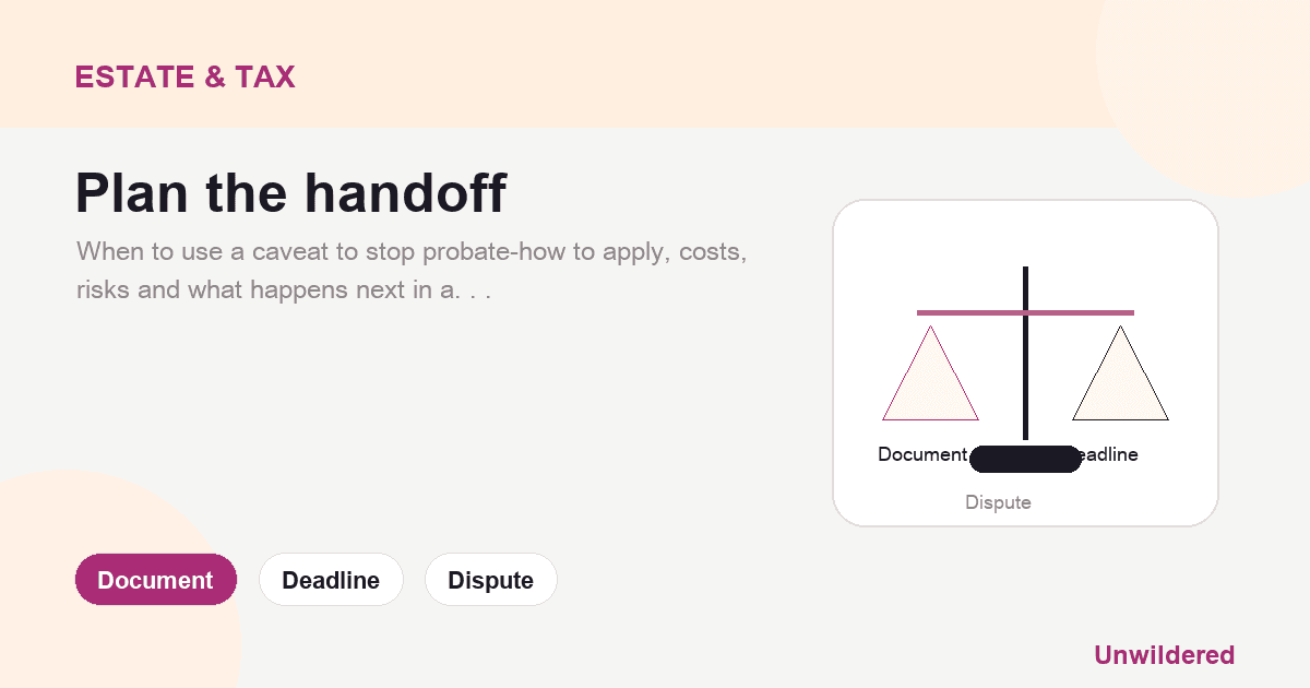 Explainer card for Stopping a probate application with a caveat: when to use it and what happens next: Document, Deadline, Dispute.