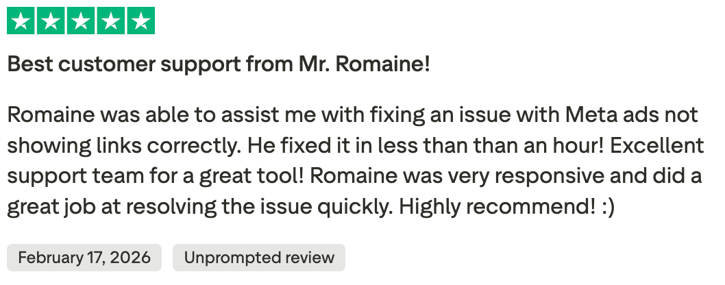 Five-star customer review praising responsive support and quick issue resolution with Meta ads links.