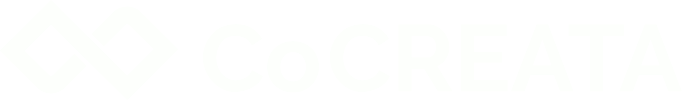 Logo of CoCREATA featuring stylized interlocking geometric shapes next to the company name in a modern, sans-serif font, all in white on a transparent background.