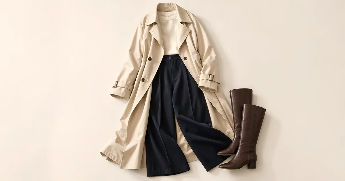 A stone beige trench coat laid flat with a cream knit, navy wide-leg trousers, and dark brown knee boots on a warm ivory background