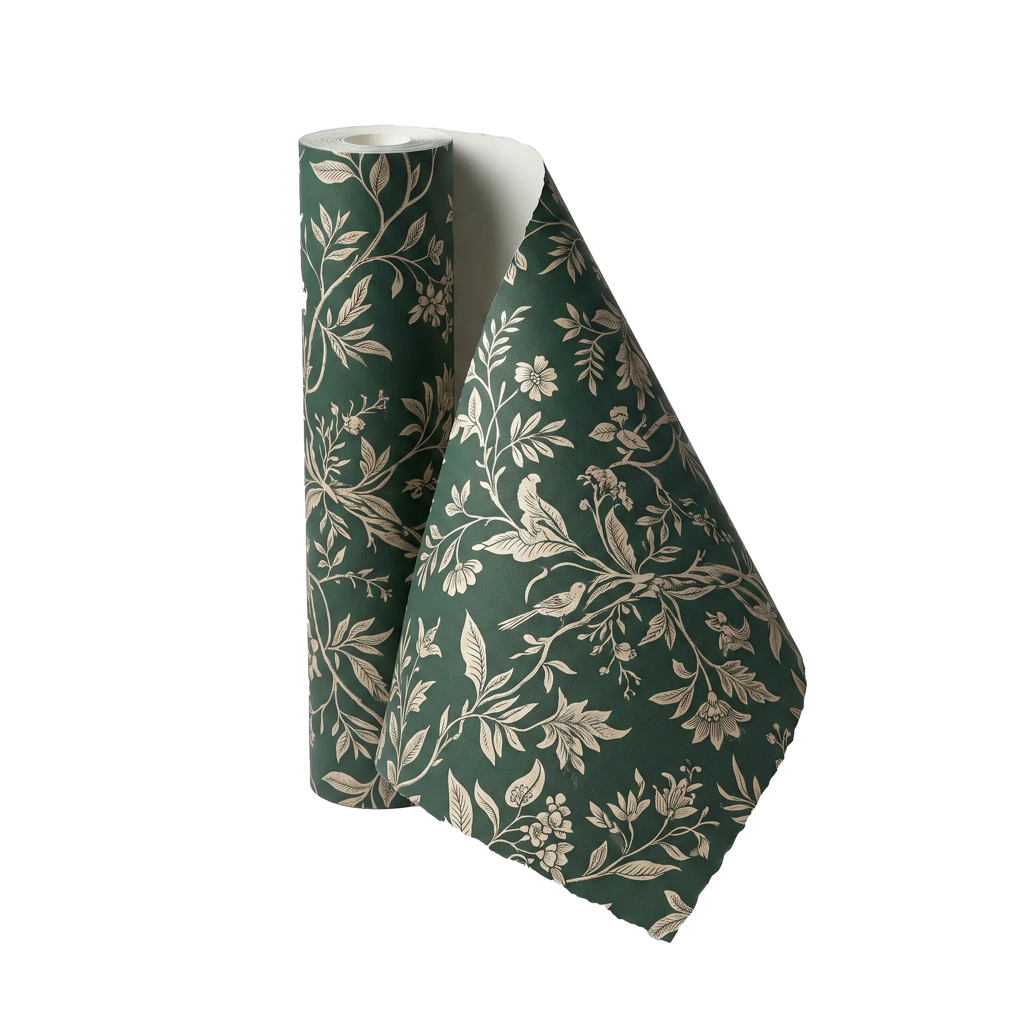 Green botanical wallpaper roll with a white floral pattern