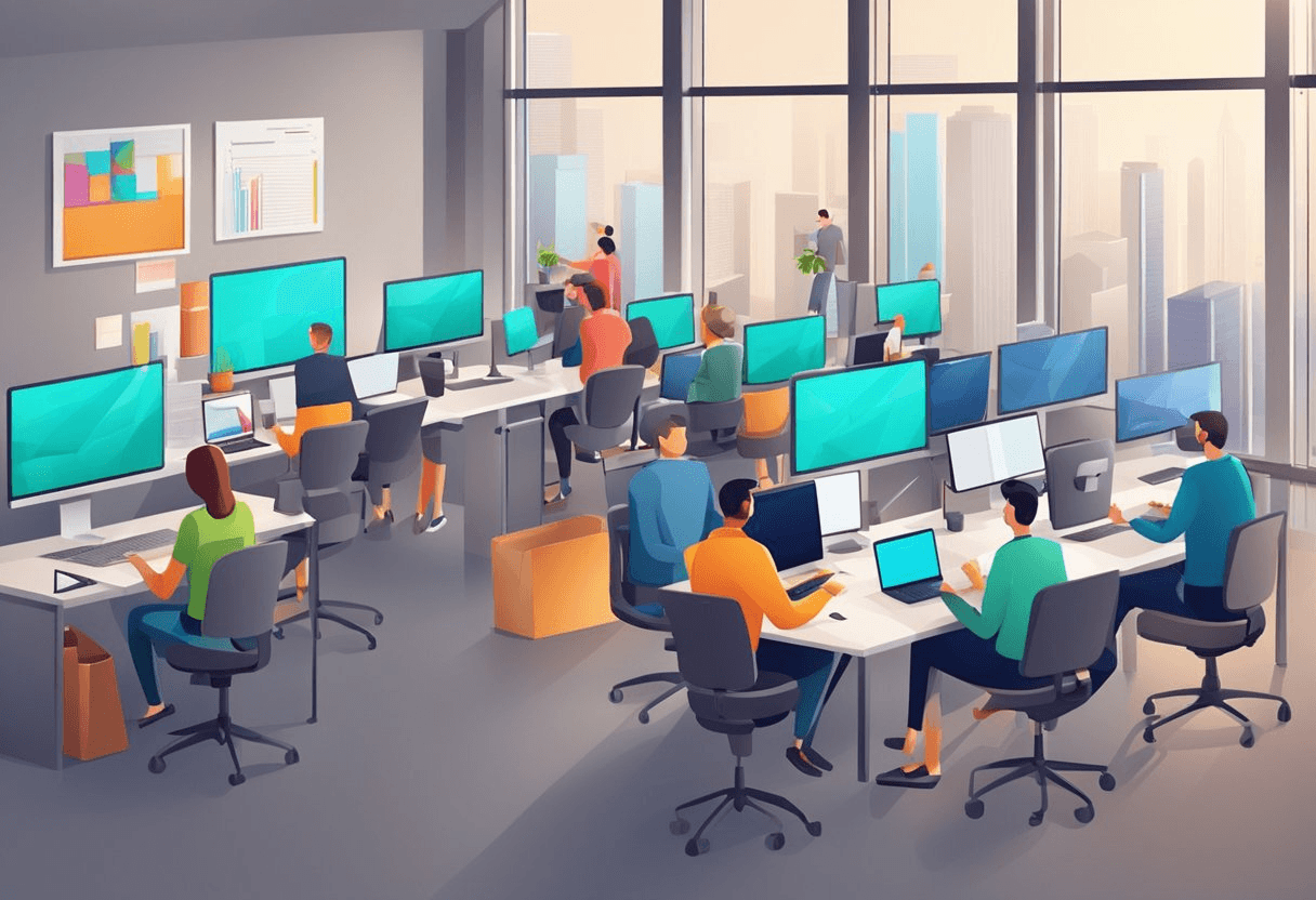 A bustling office with computers, tablets, and smartphones. People collaborate in open spaces, attend virtual meetings, and access digital resources