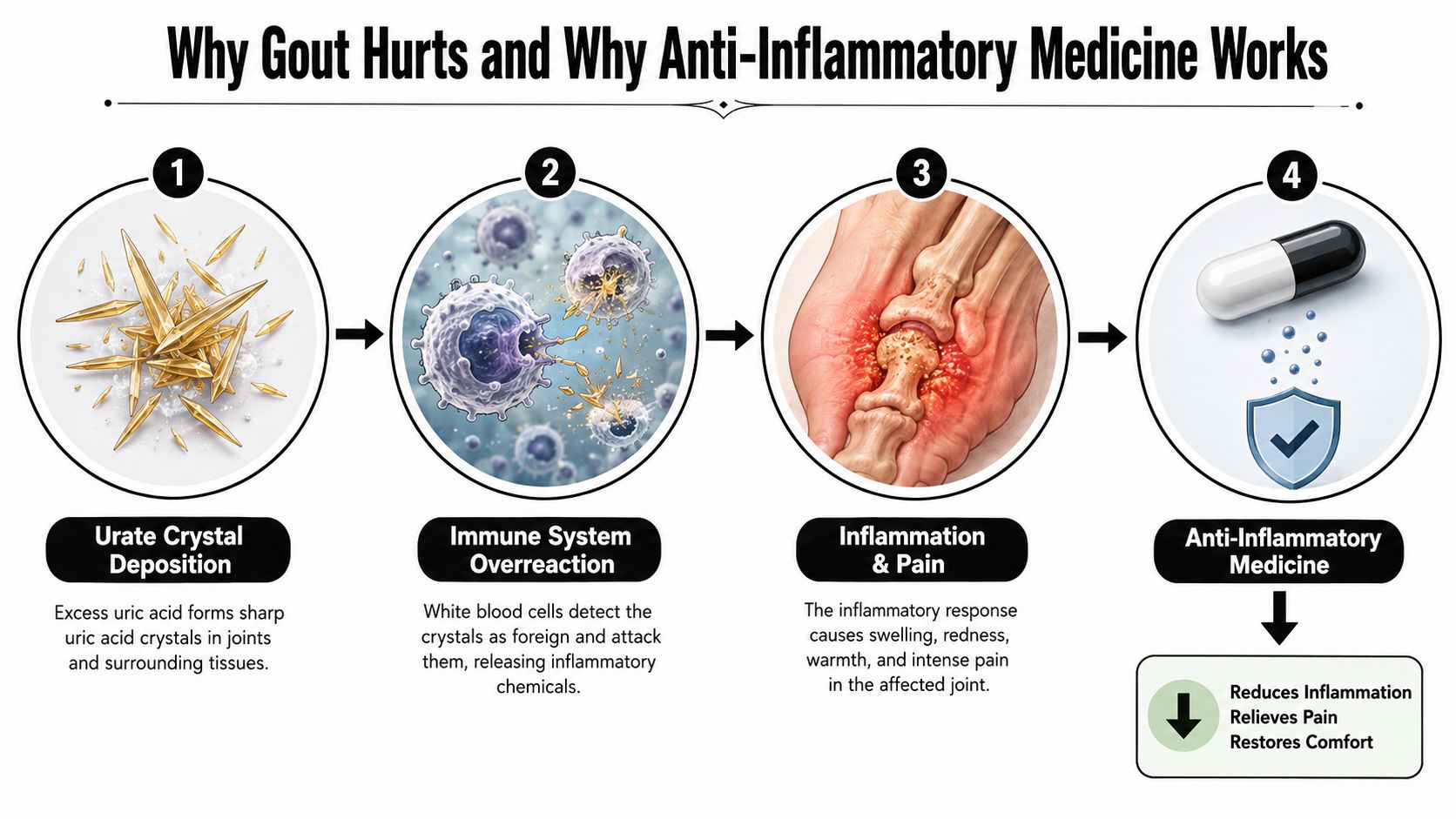 A four-step infographic illustrating how gout crystals cause immune reactions, inflammation, joint pain, and how medication helps.