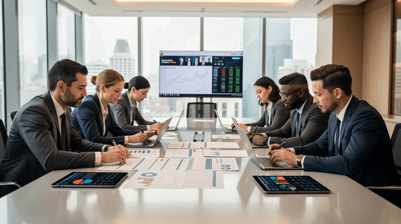 A diverse team of financial professionals collaborates around a modern conference table, reviewing documents and digital screens, showcasing their strategic financial leadership and expertise in financial management. The setting reflects a focus on providing strategic financial guidance and enhancing business performance through effective financial planning and cash flow management.