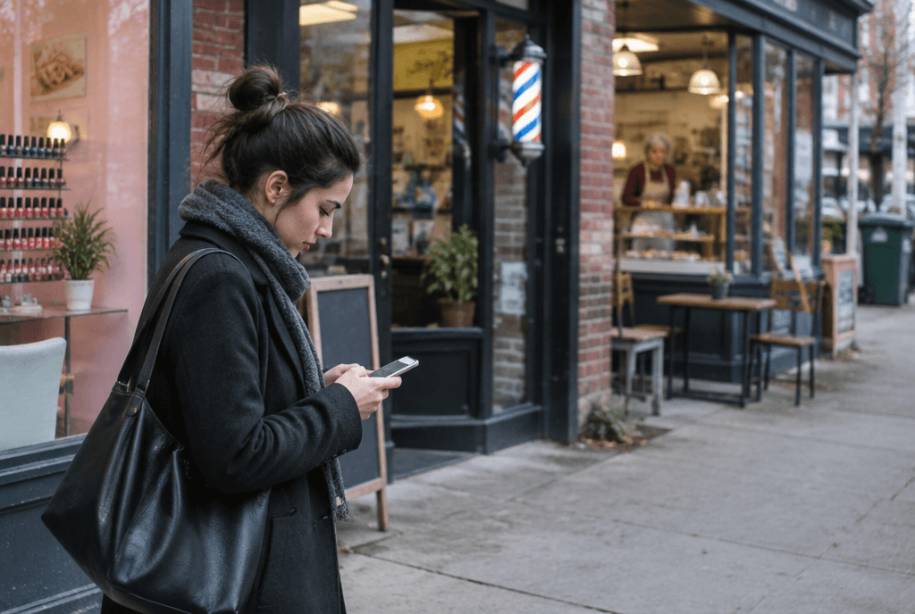 Pedestrian searching on her phone in front of a row of small storefronts