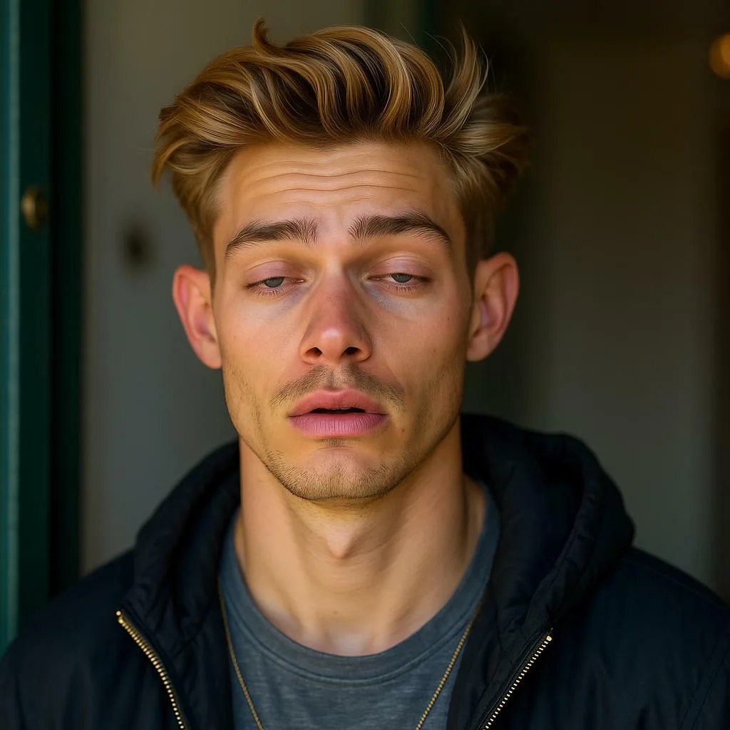 AI face expression changer turns a boy’s look into a tired, sleepy face.