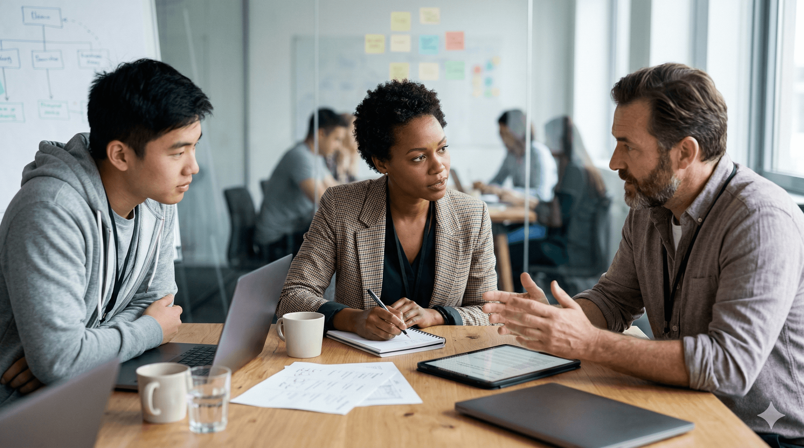 A diverse group of professionals engaged in a focused discussion around a wooden table in a modern office, with laptops and documents, illustrating collaboration and strategy in a business environment; related to people-first AI strategy and scaling adoption.
