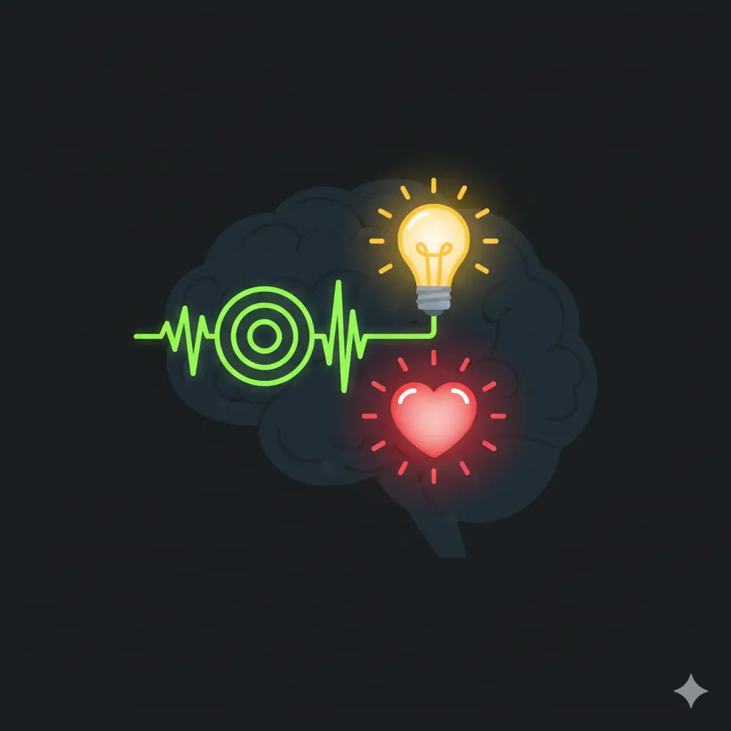 A simple, clean illustration of a brain with a soundwave entering it, causing a lightbulb and a heart icon inside to glow. This visually represents the sound triggering both an idea (entertainment) and an emotion.