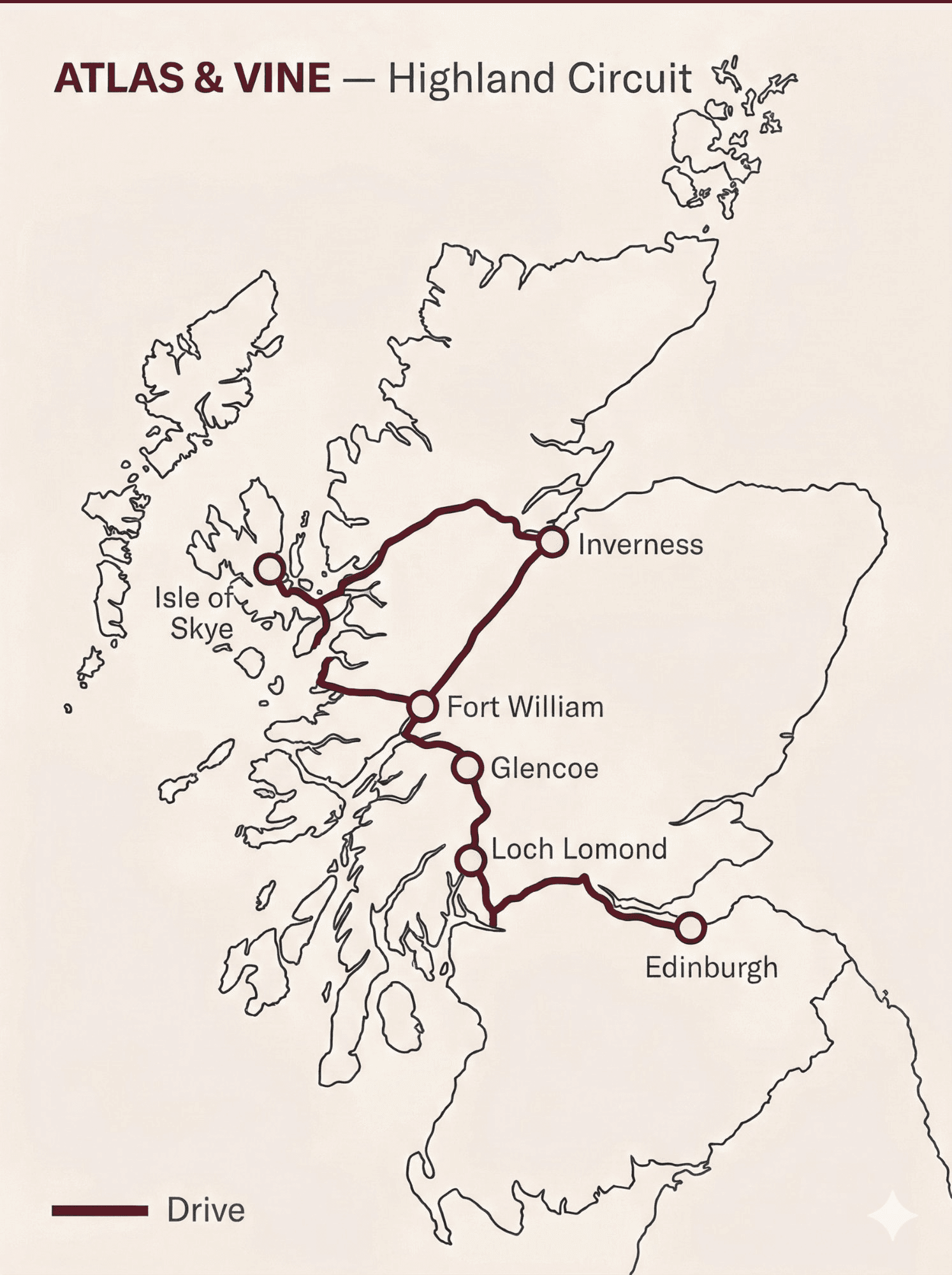 Atlas & Vine itinerary map: Highland Circuit — Edinburgh, Loch Lomond, Glencoe, Fort William, Isle of Skye, Inverness, all connected by drive route.