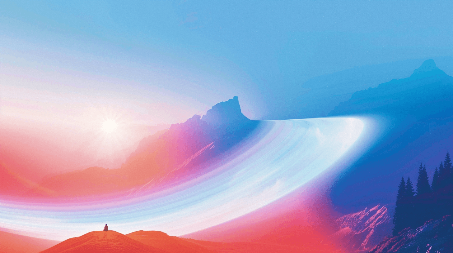 Silhouette of person meditating at sunrise over colorful mountains.