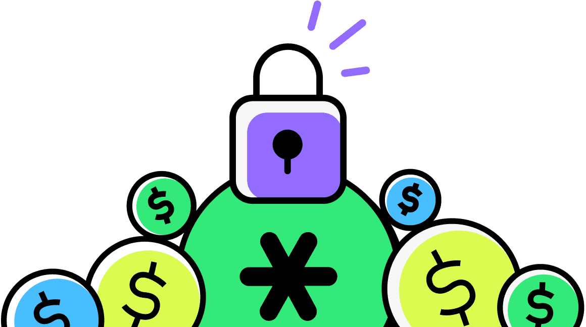 A purple padlock icon is positioned above a large green asterisk, surrounded by various green and yellow currency symbols, symbolizing financial security and protection.