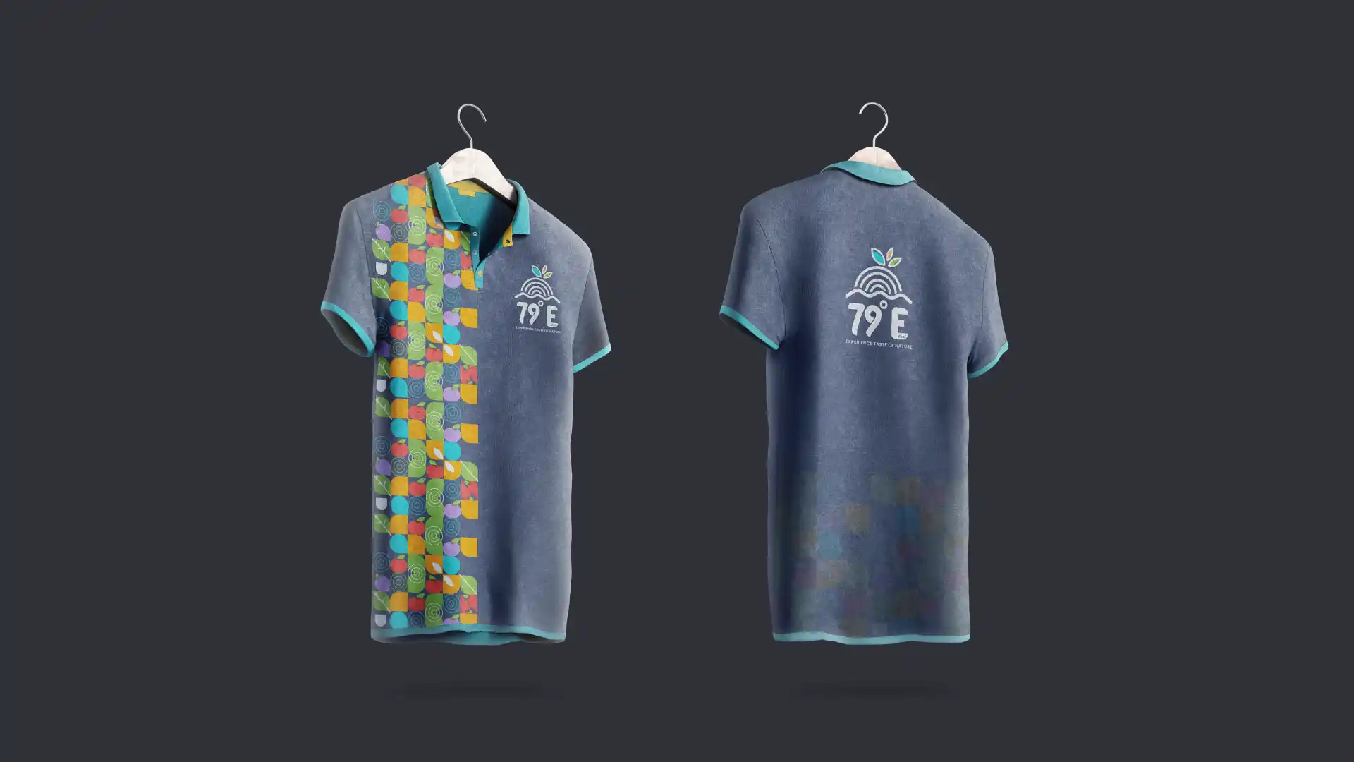 79e branded polo t-shirt featuring logo and produce pattern print