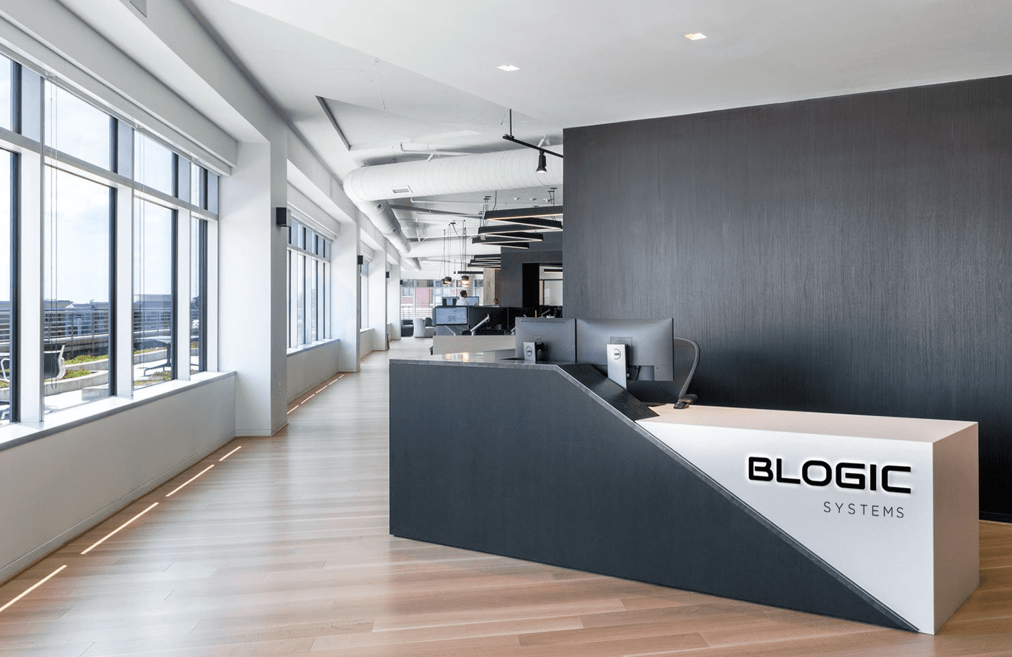 BLogic Systems office reception area featuring the company logo.