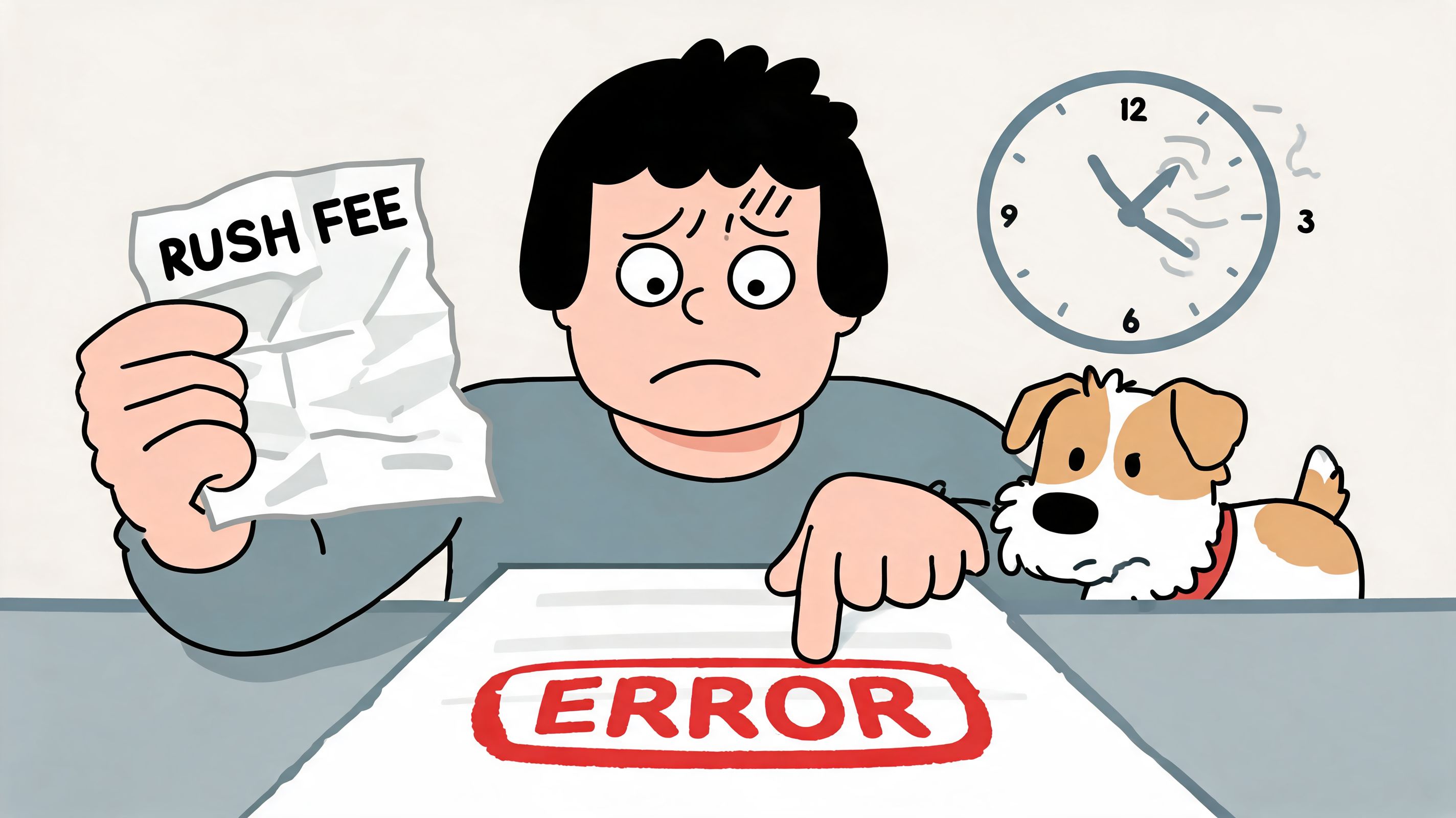 A worried person holding a rush fee invoice while pointing at an error on a document