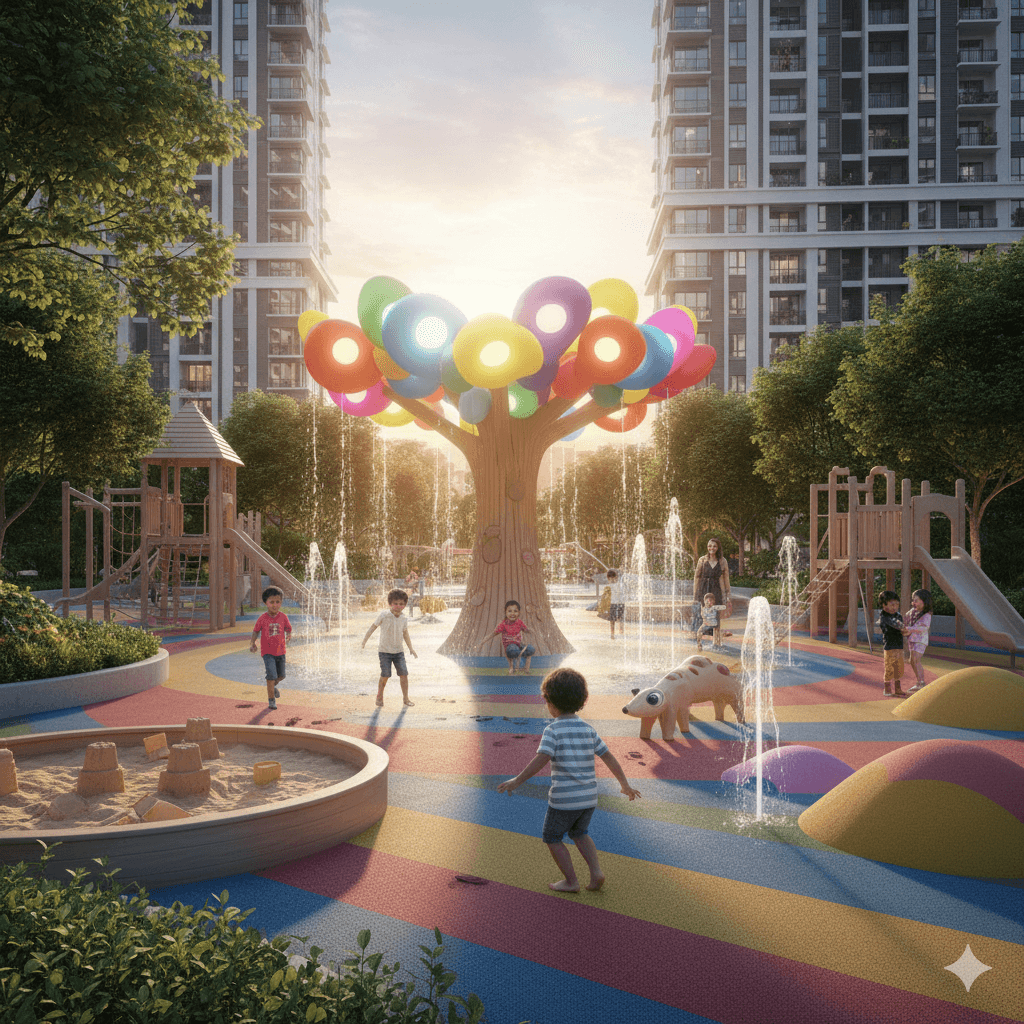 M3M residential complex colorful children's play area and splash pad in Gurugram
