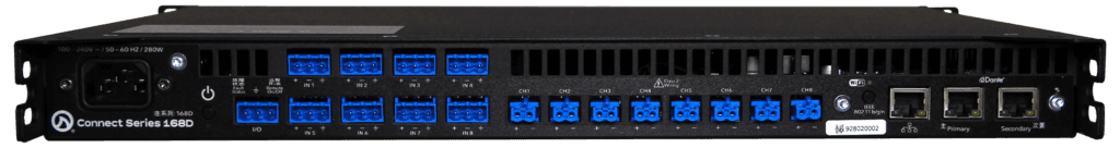 Connect Series 1680 Dante networking device rear panel.