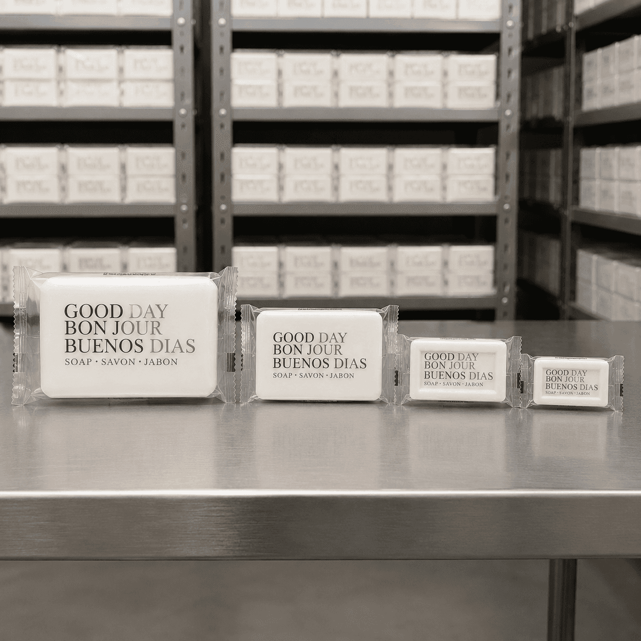 A grey industrial metal shelving unit filled with neatly organized bars of white soap.