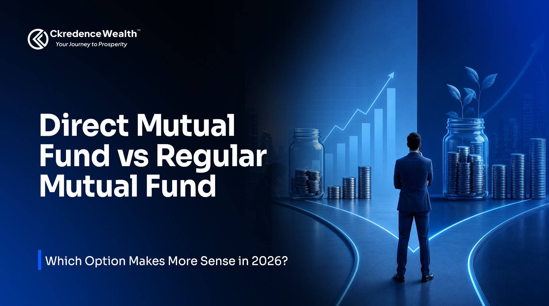 Direct mutual fund vs regular mutual fund comparison showing investor choosing between lower-cost direct plans and advisor-supported regular plans for long-term wealth creation.