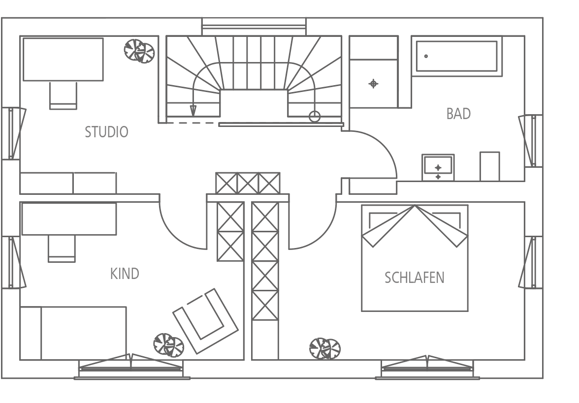 Grundriss einer Wohnung: Studio, Kinderzimmer, Schlafzimmer und Bad mit Duschwanne und Waschbecken auf einer Ebene.