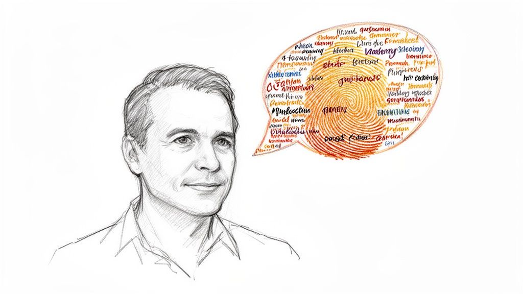 Pencil sketch of a man, with a speech bubble containing a fingerprint and scattered words.