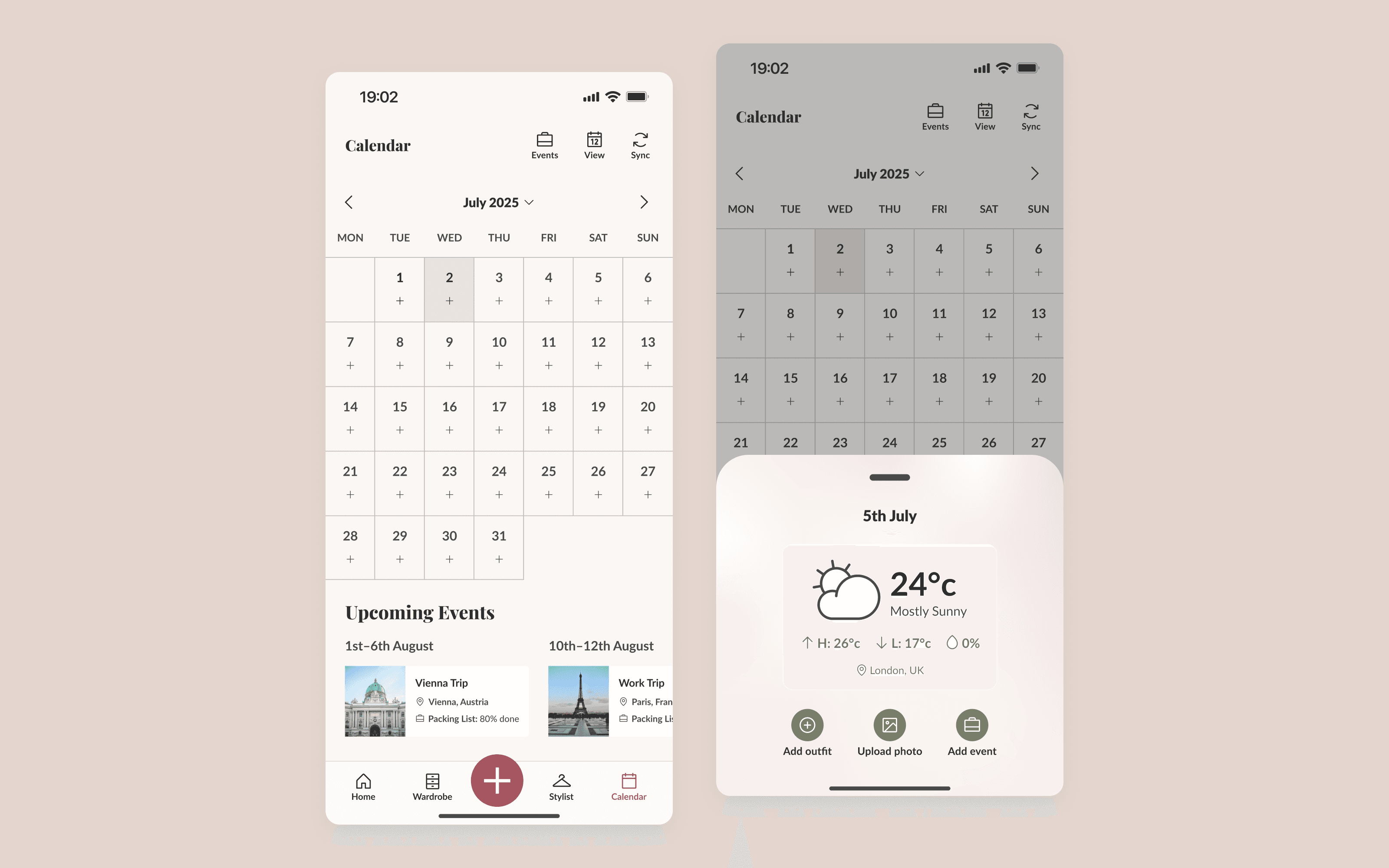 Calendar screen and selected day overlay