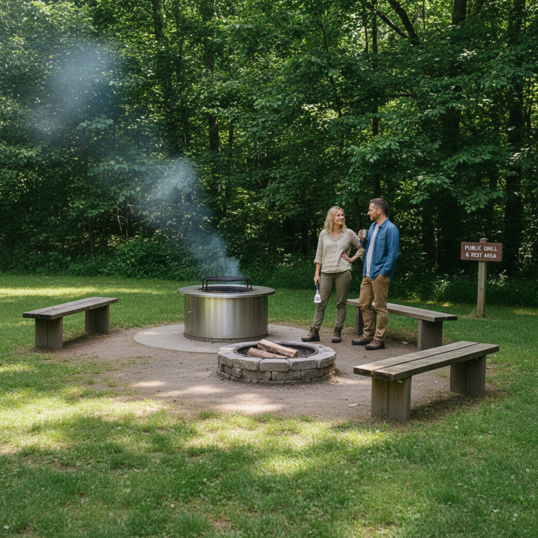 Ein öffentlicher Grillplatz am Waldrand mit massivem Rundgrill, Holzbänken im Halbschatten und einer aufgeräumten Feuerstelle. Sonnenlicht fällt durch Blätter und zeichnet helle Flecken auf den Boden. Ein kleines Hinweisschild steht am Rand, die Wiese ist frisch gemäht. Die Szene wirkt ruhig, gepflegt und einladend.