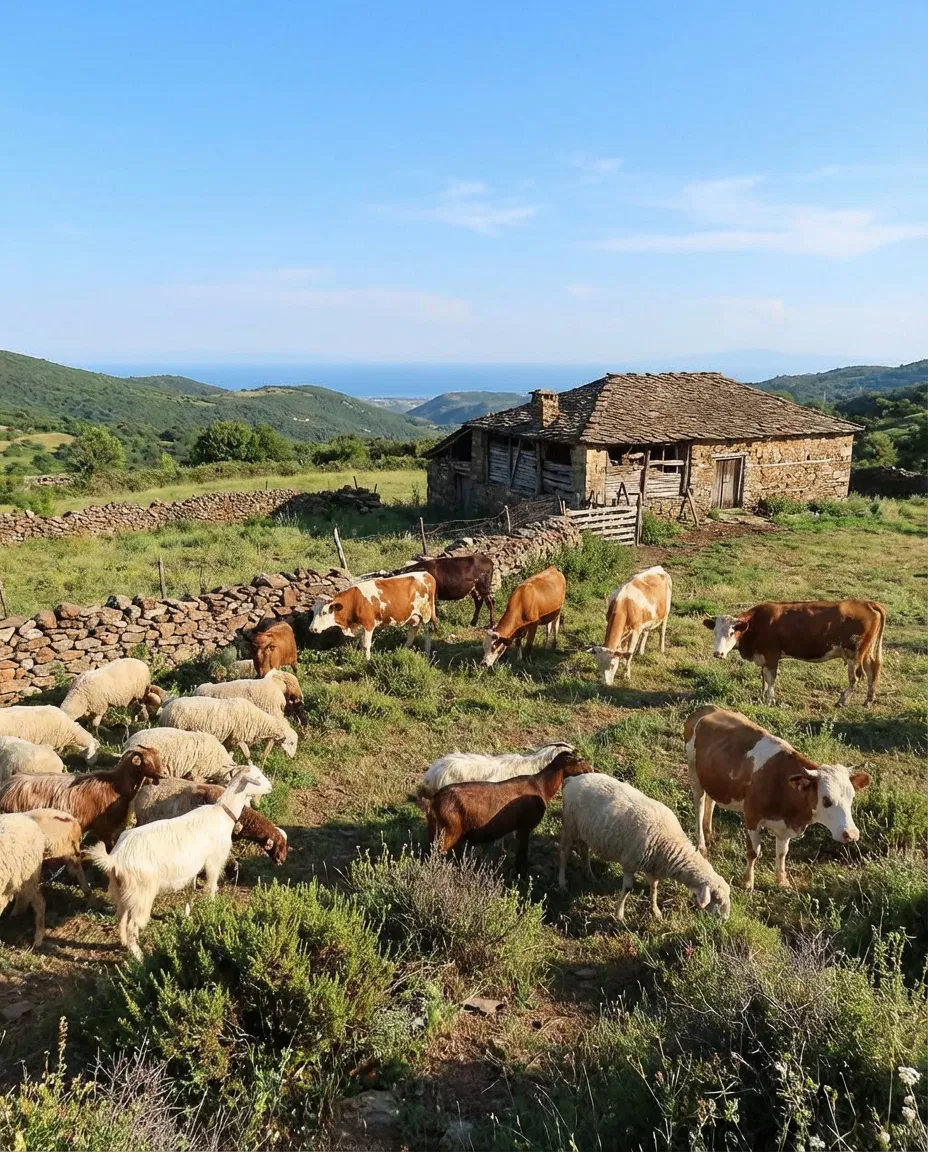 Peaceful rural livestock farm landscape in Pieria Greece.
