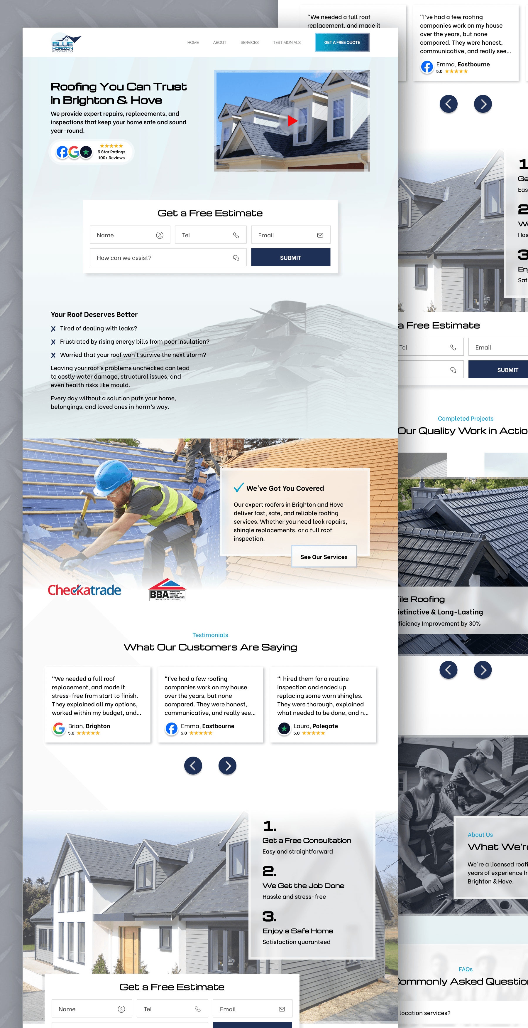 Responsive web and brand design mockup for roofing business.