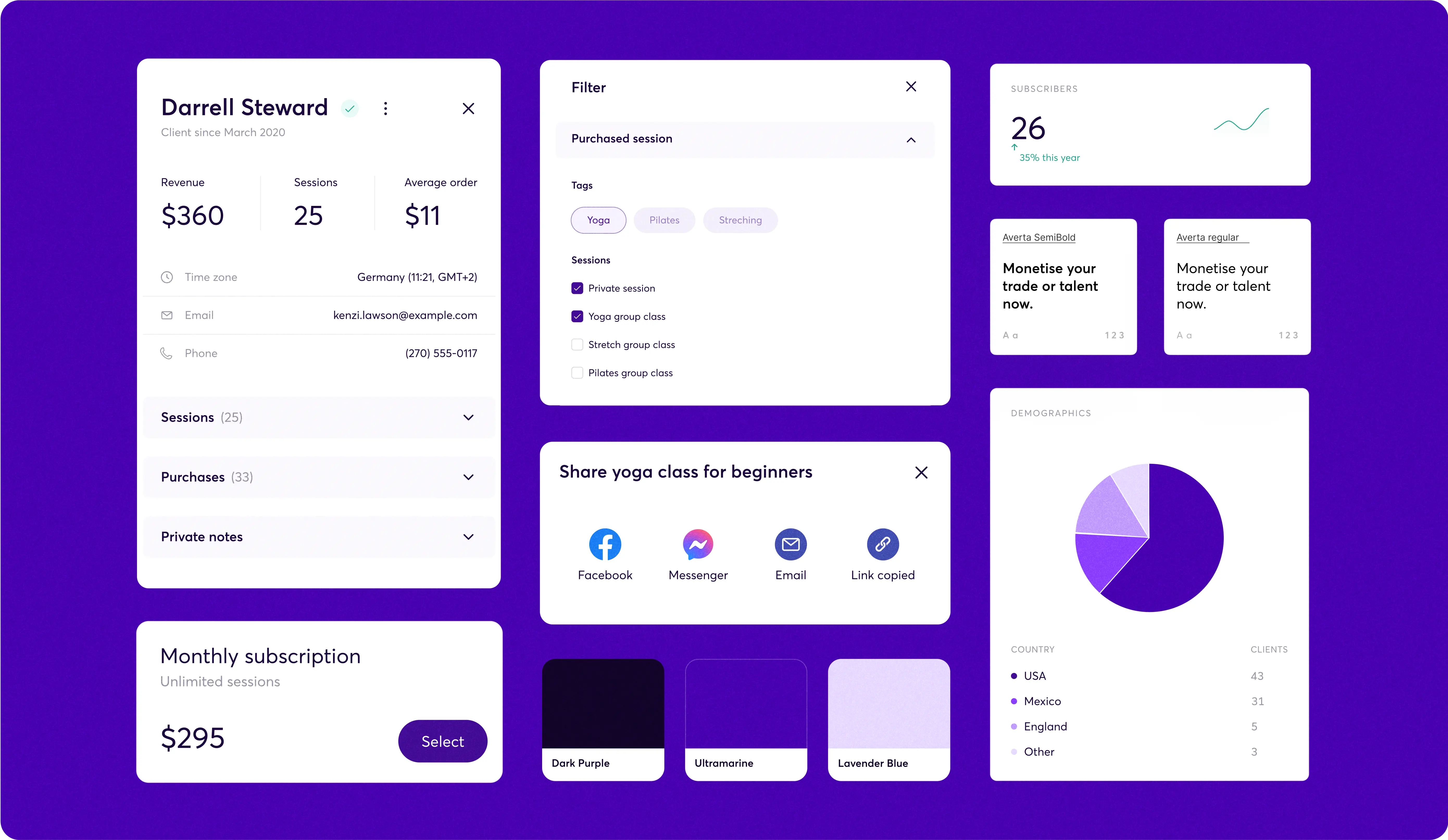 A dashboard interface with a purple background displaying various widgets and data for Darrell Steward, a client since March 2020. The dashboard includes sections for revenue ($360), sessions (25), and average order ($11). Other widgets show the client’s contact information, session types, purchase history, private notes, a filter for purchased sessions, subscriber count (26), typography options, a pie chart of client demographics by country (USA, Mexico, England, and Other), monthly subscription cost ($295), and options to share a yoga class for beginners via Facebook, Messenger, Email, and a copied link. The bottom section displays three color swatches: Dark Purple, Ultramarine, and Lavender Blue.