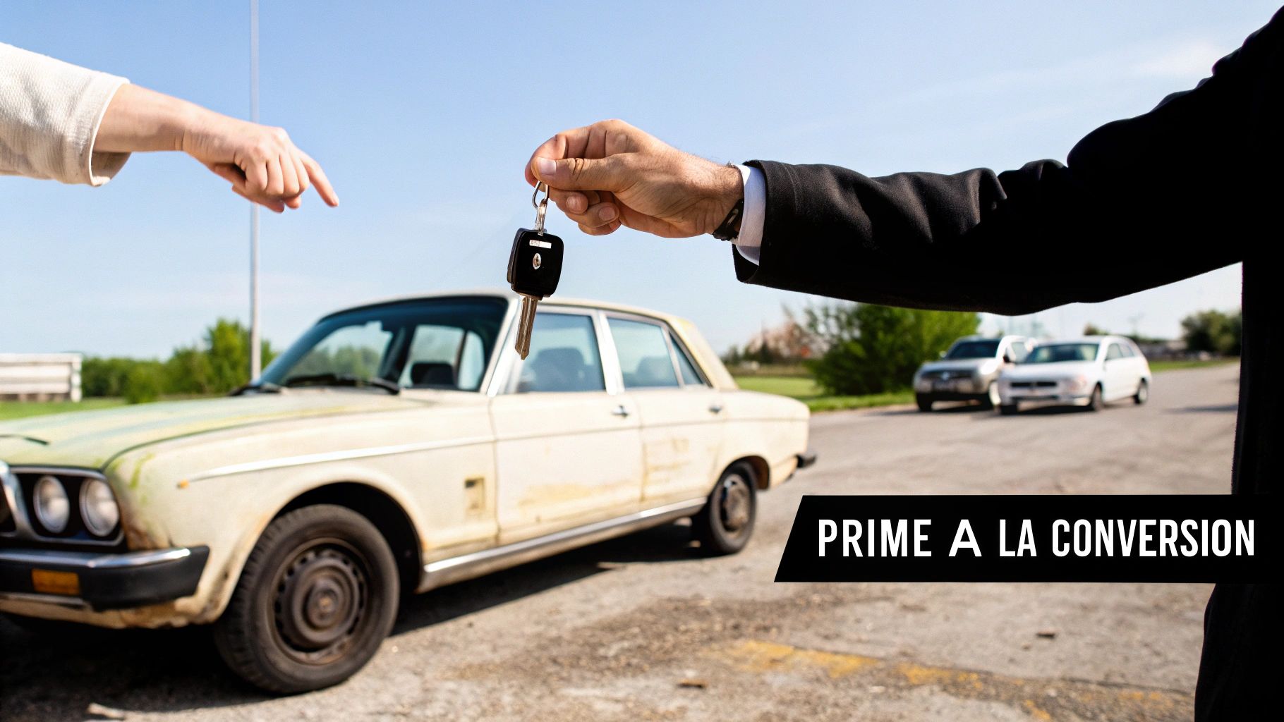 Une main tend une clé de voiture neuve tandis qu'une autre pointe une vieille voiture beige, symbolisant la prime à la conversion.