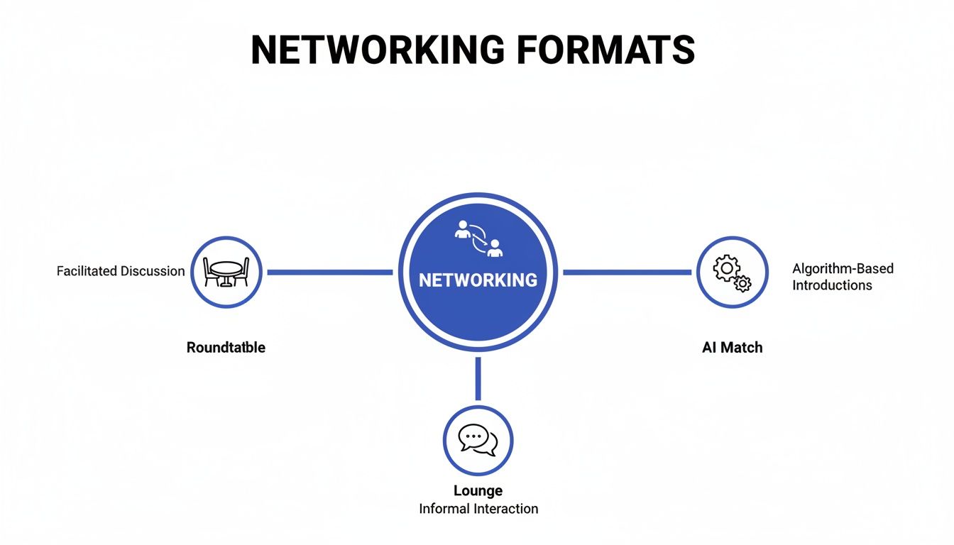 Diagram illustrating various networking formats: facilitated discussions, AI matching, and informal lounges.