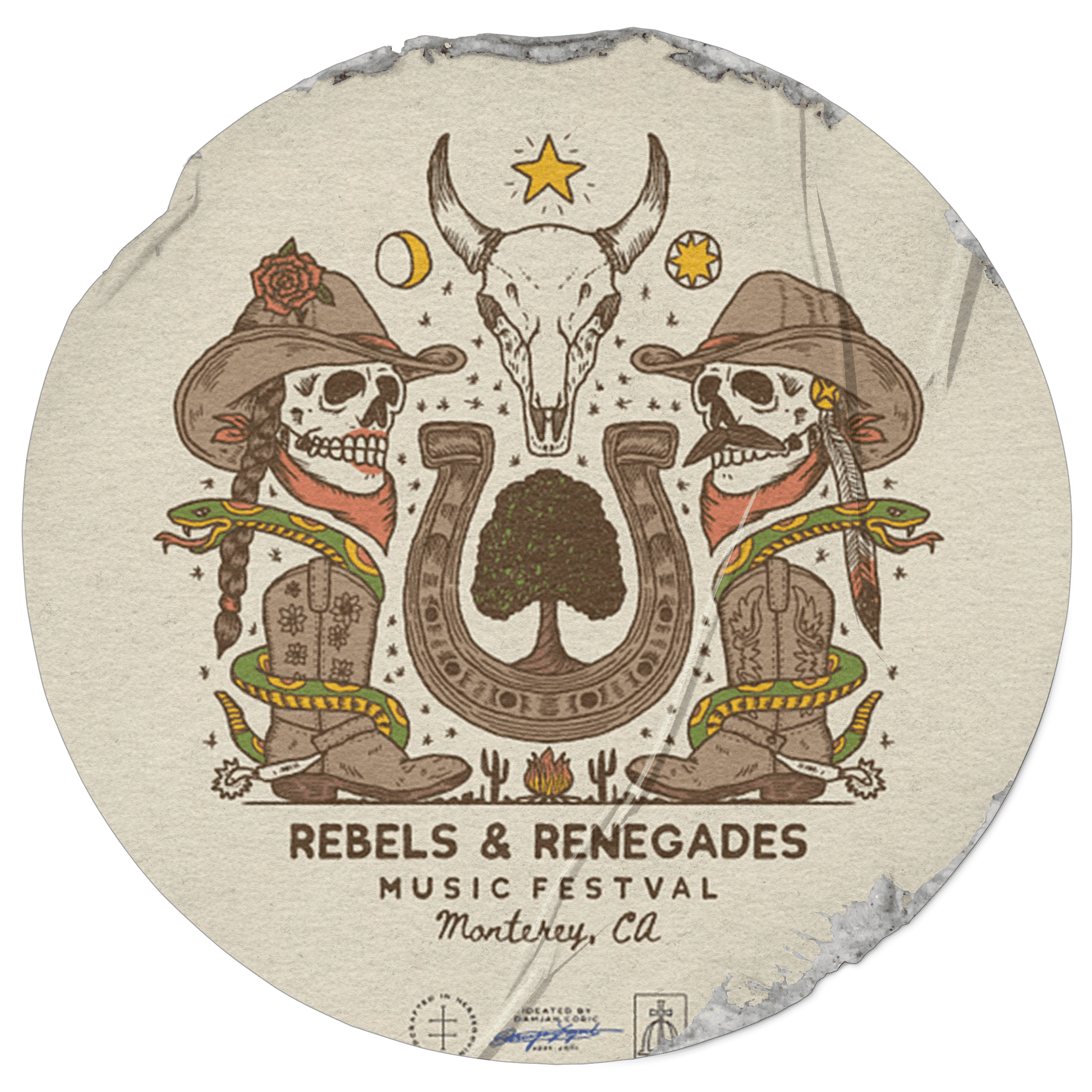 Vintage logo featuring two animals wearing hats, flanking a central cow head, with decorative elements surrounding them.