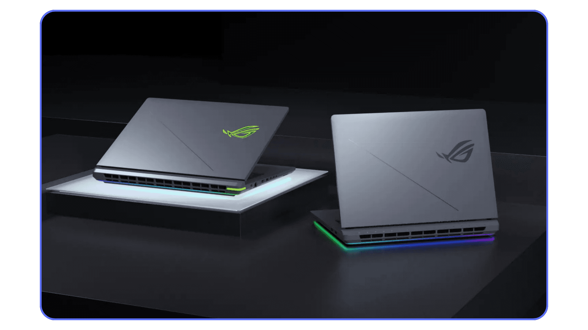 ASUS ROG gaming laptops with RGB underglow lighting, designed for high-performance Blender and 3D workloads