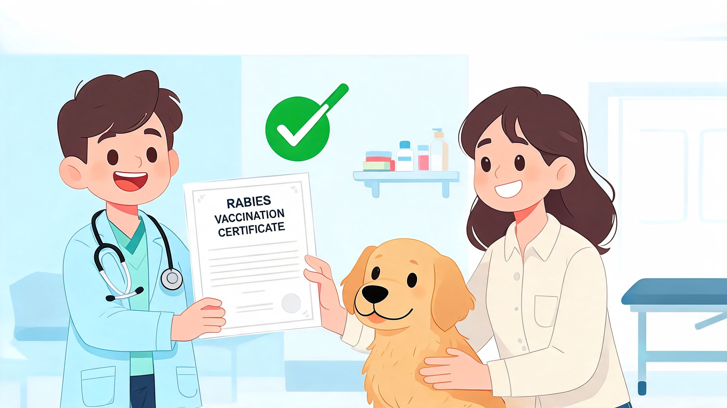 A friendly veterinarian presents a rabies vaccination certificate to a happy woman with her golden retriever.