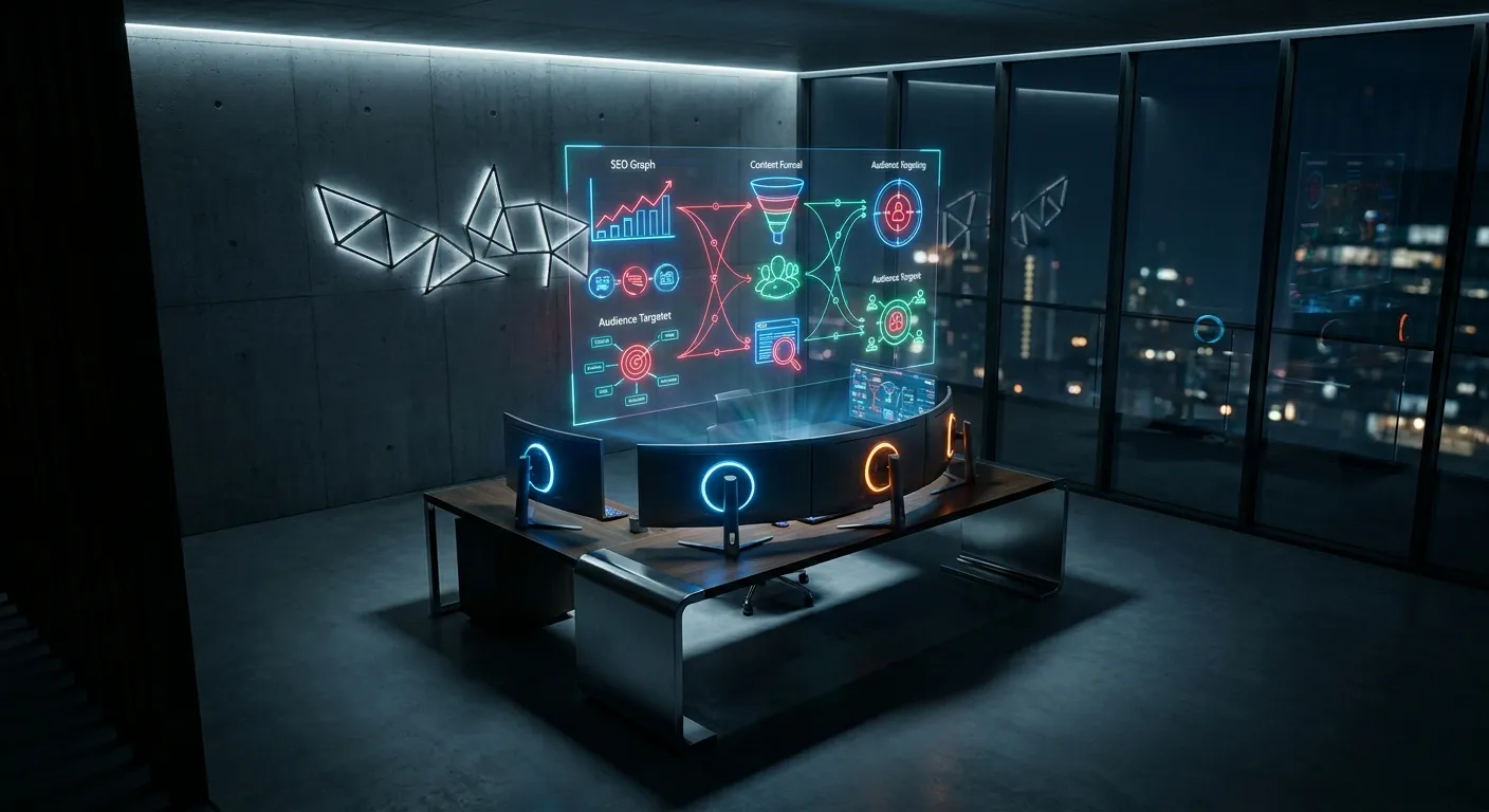 Futuristic RockN' Socials workspace at a digital marketing agency.