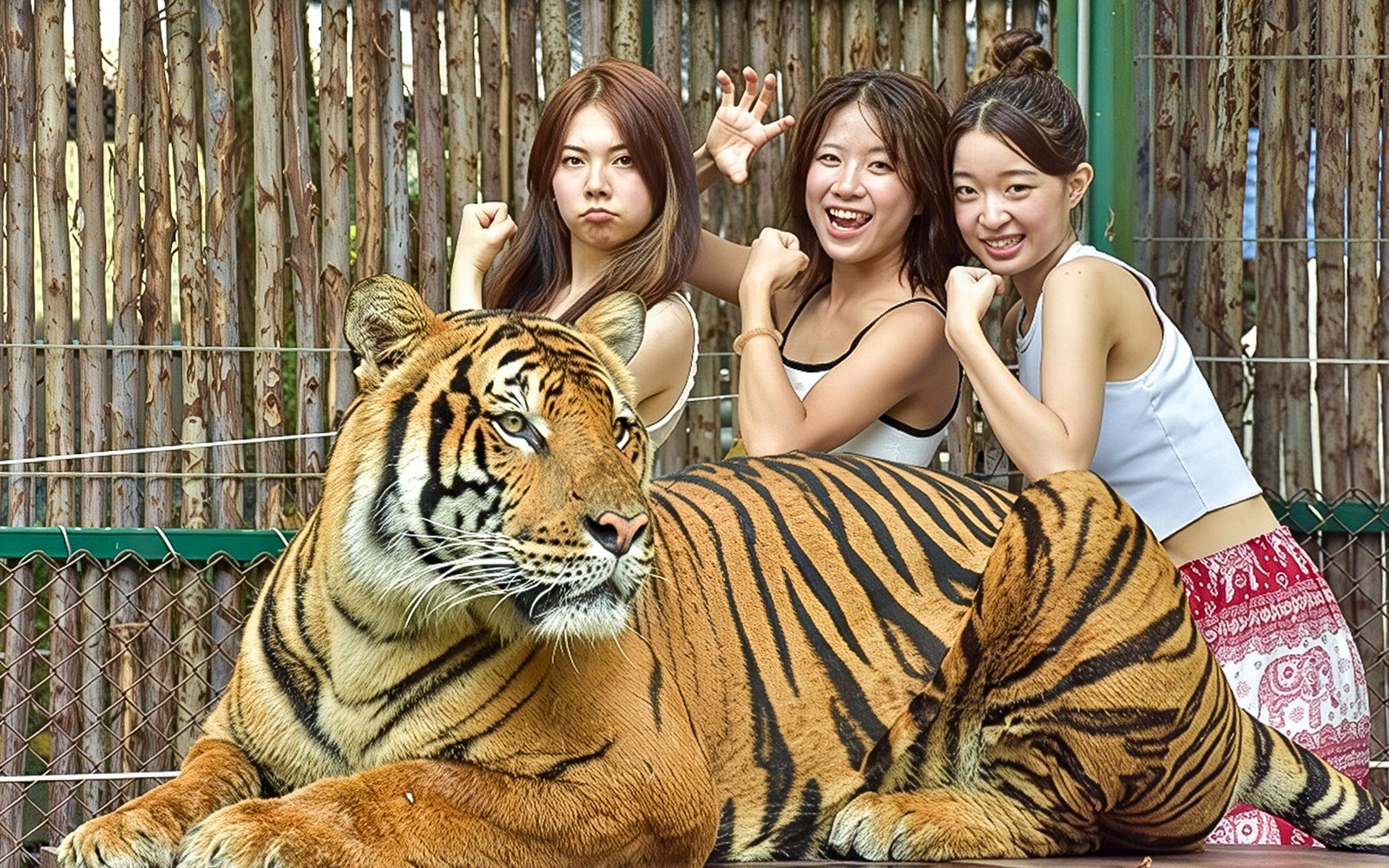 Visitantes posam de forma divertida atrás de um tigre na interação do Tiger Kingdom.