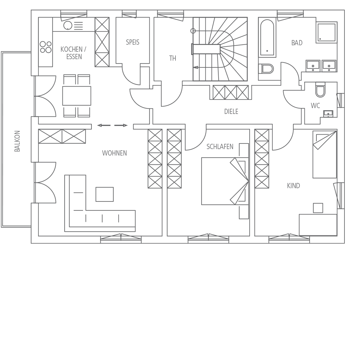 Grundriss einer Wohnung mit Wohnzimmer, Schlafzimmer, Kinderzimmer, Küche/Essen, Speis, Diele, Bad und WC.