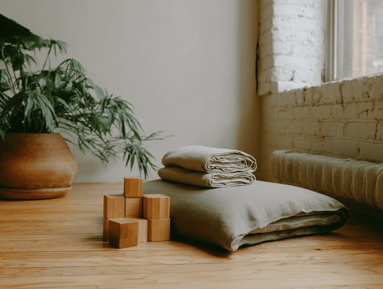 Folded linen blankets and stacked wooden blocks placed on a floor cushion beside a large terracotta plant pot and sunlit white brick wall