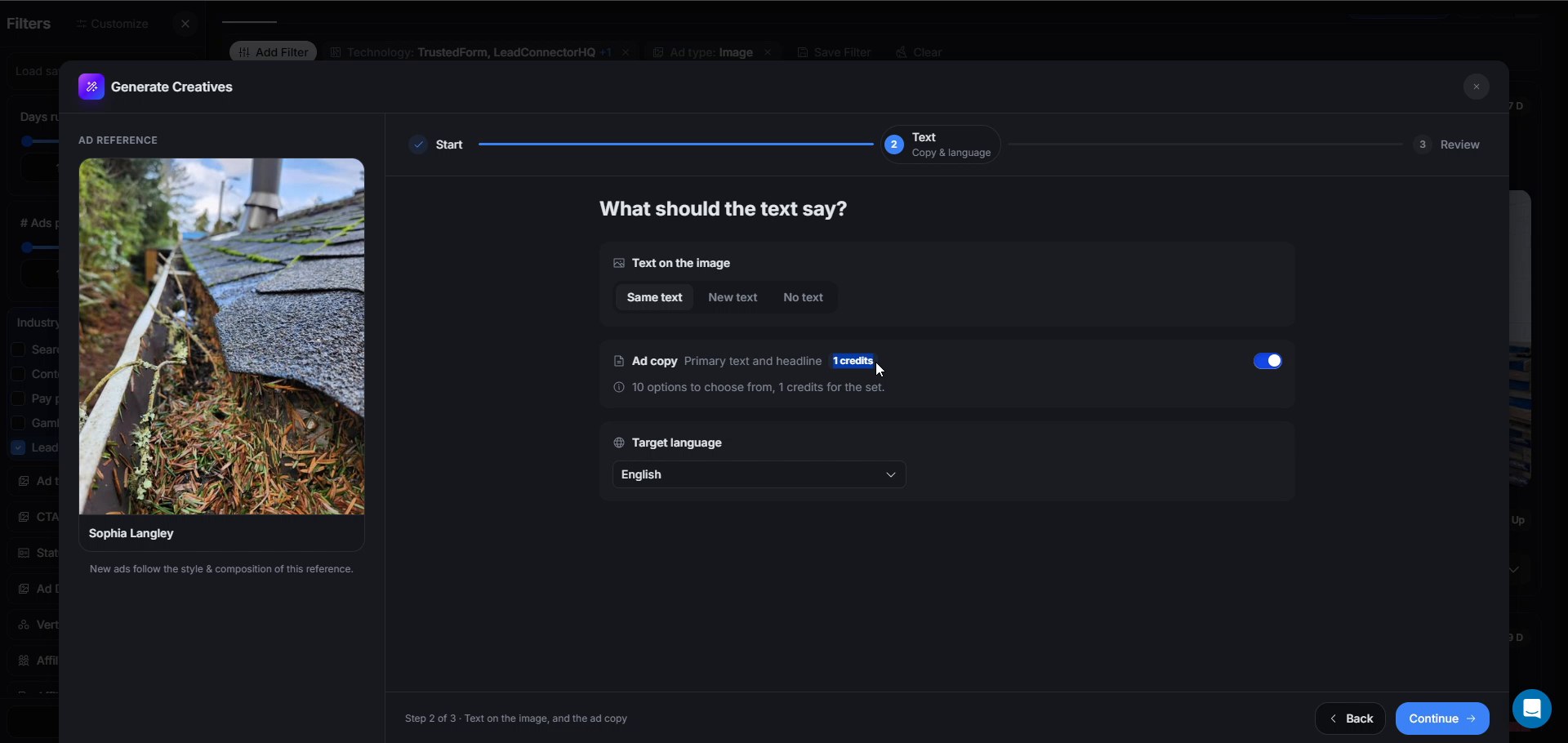 Generate Creatives, step 2: Same text, New text or No text on the image, the ad copy toggle with 10 options for 1 credit, and the target language