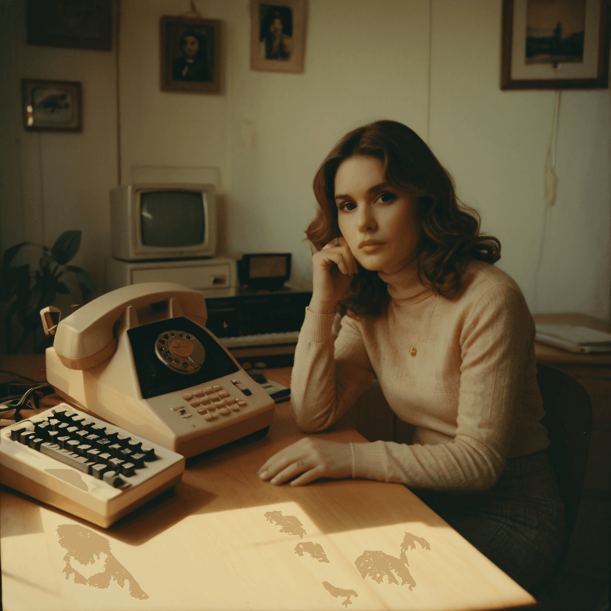 Woman sitting at a desk with a vintage rotary phone and keyboard.