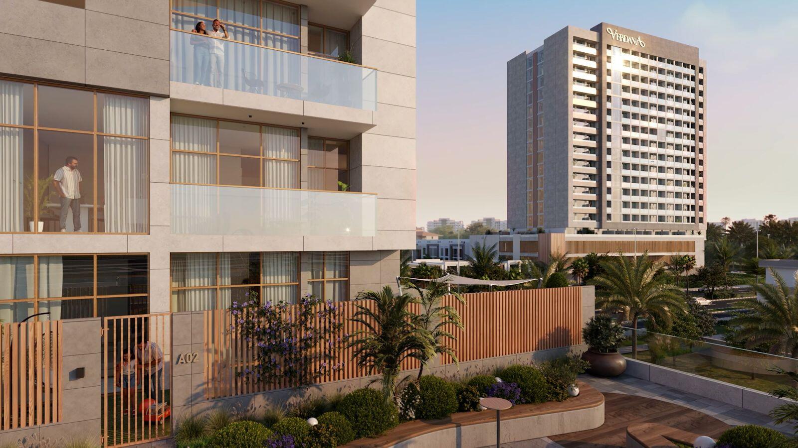 Artistic rendering of a new apartment building in Dubai, emphasizing modern design and integration with the cityscape.