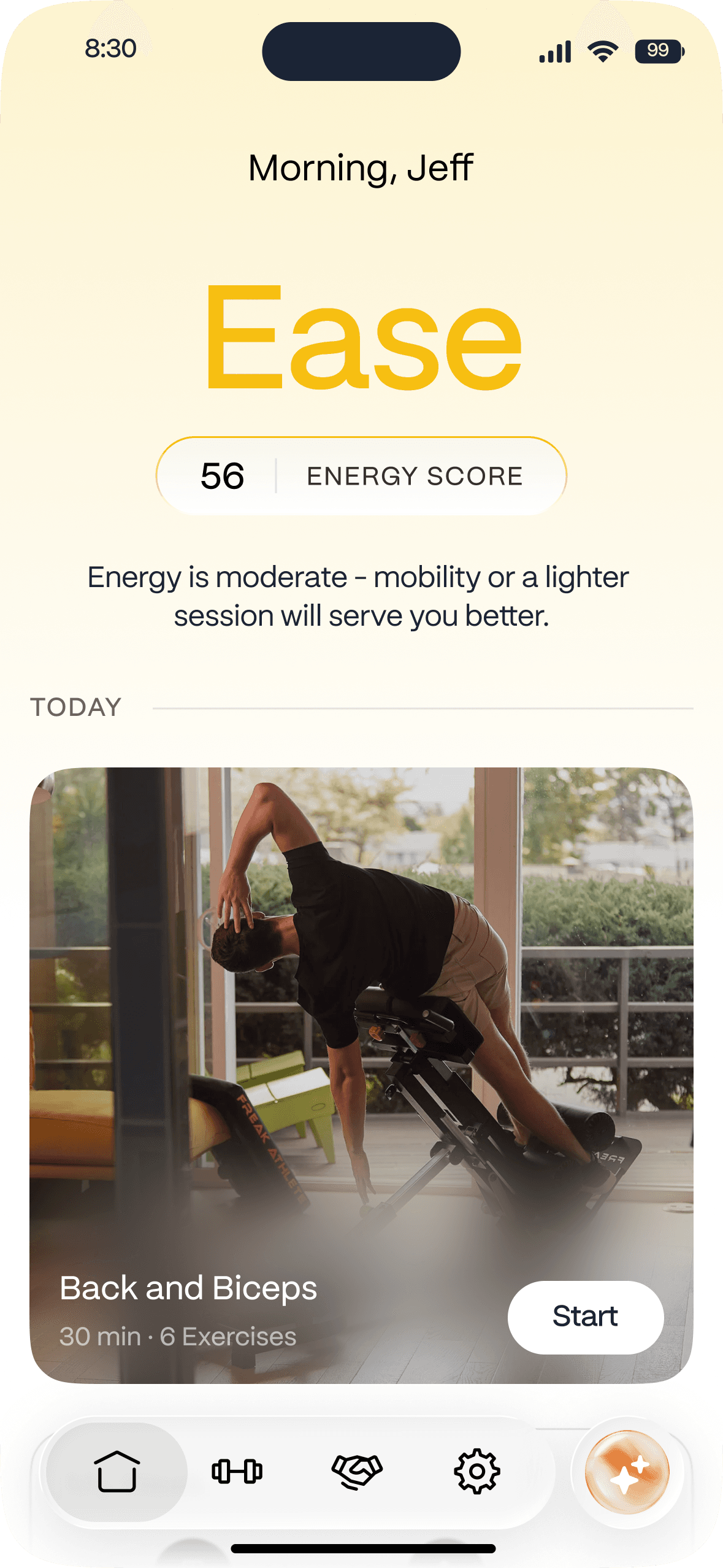 Loopday app home screen showing weekly workout progress with 2 out of 5 workouts completed and a 2-week streak badge.