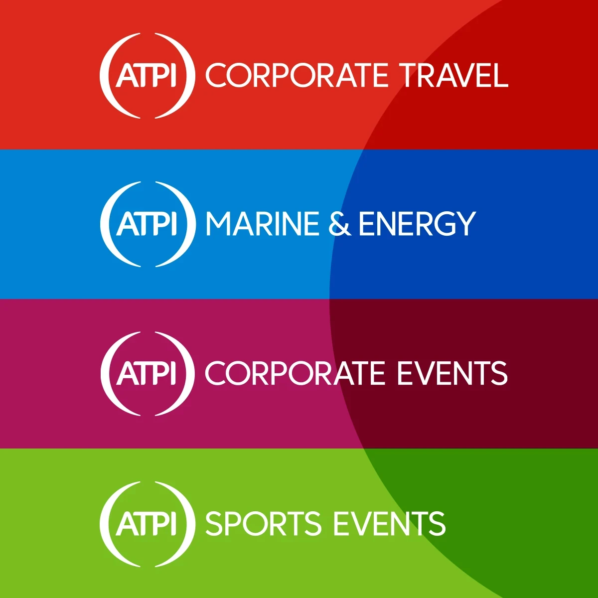 4 rows of text, each with different colour background. Reads 'ATPI Corporate travel, ATPI Marine & Energy, ATPI Corporate Events, ATPI Sports Events