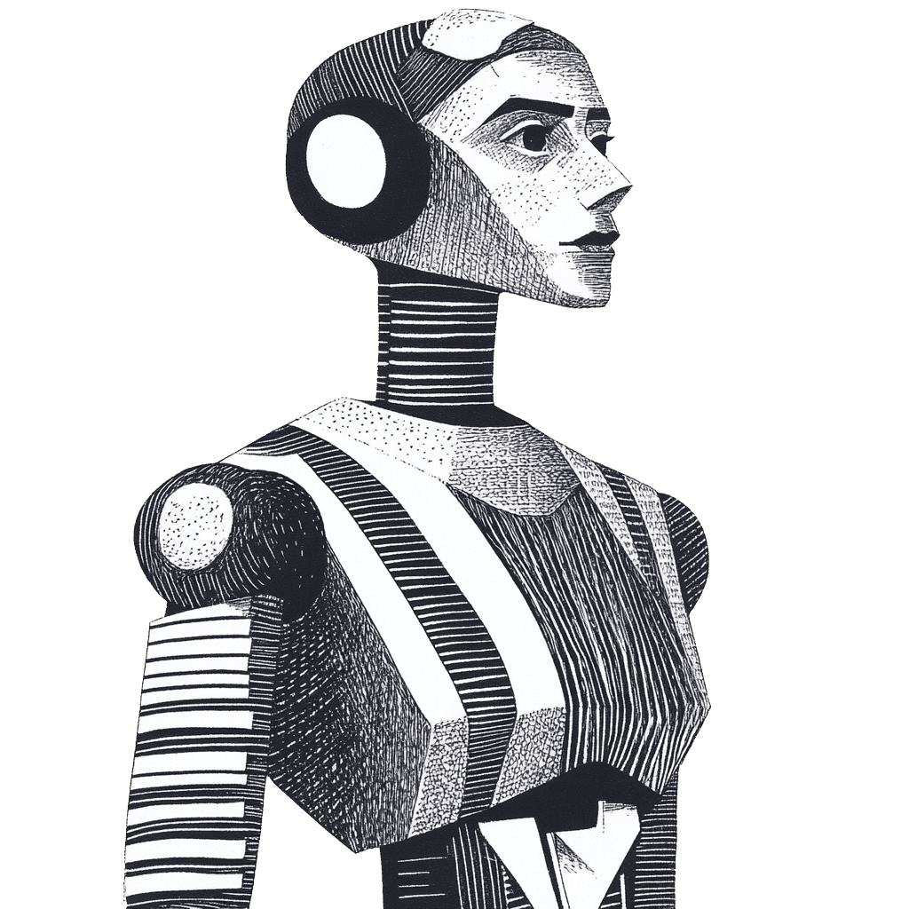 Illustration d'un robot féminin, artistique, avec des lignes et des motifs géométriques.