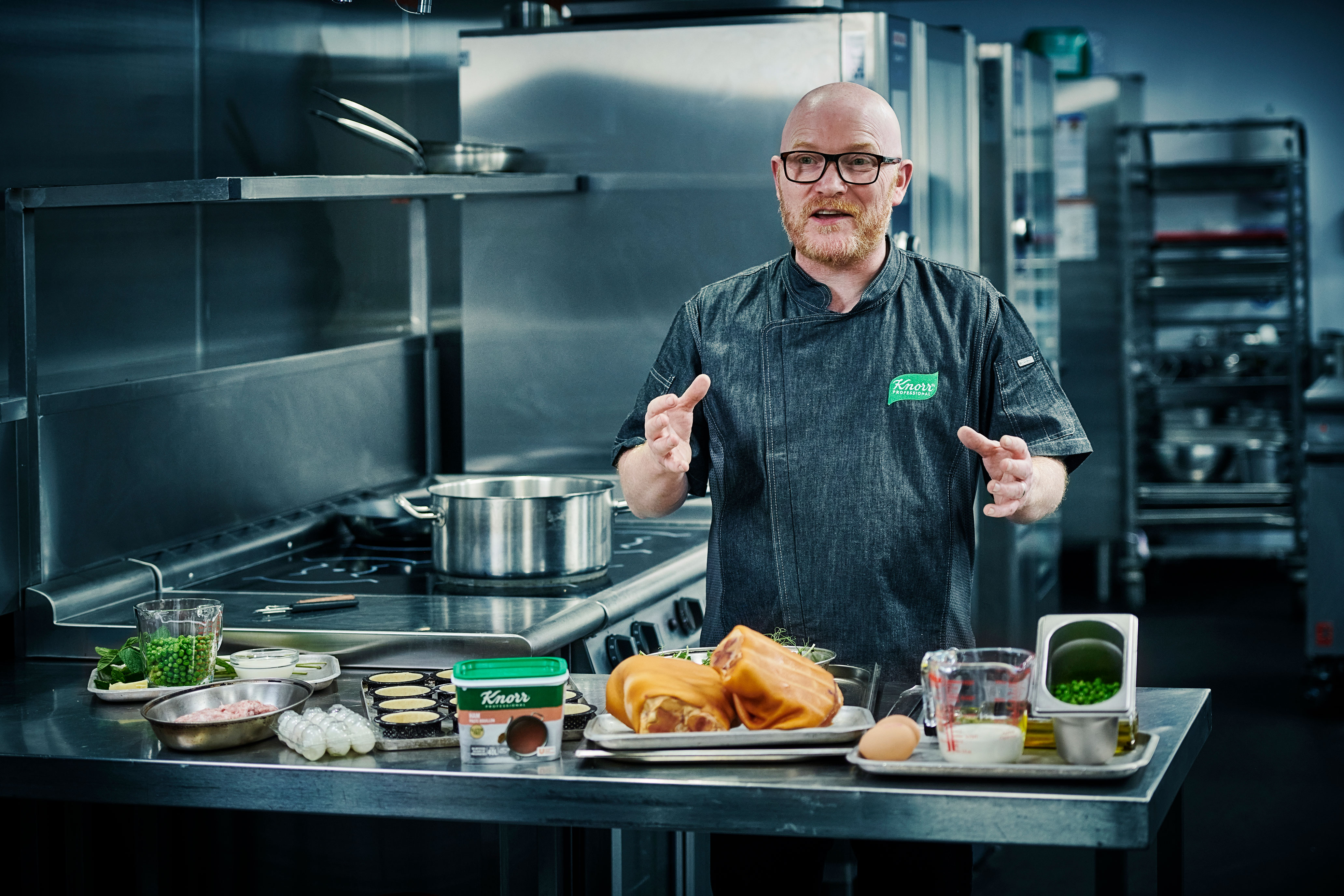 Male chef in kitchen, showing client work for food brand Knorr Professional.